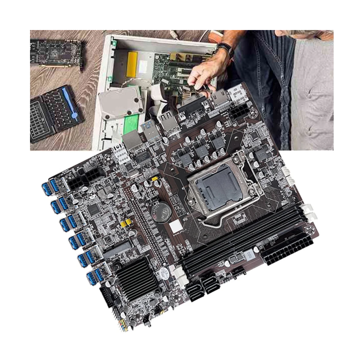 Дънна платка за майнинга B75 12GPU БТК + Процесор G1610 + кабел SATA + Термопаста Подкрепа на оперативна памет, 2XDDR3 дънна Платка за майнинга B75 12USB