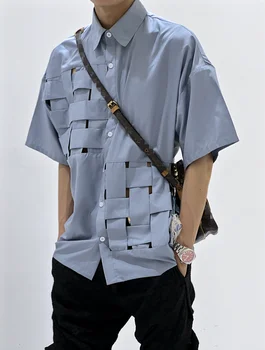 2023 Дизайнерски стил, сиво-синя лятна нова риза с изрезки, модни блуза, реколта лоскутная малка риза, мъжки и дамски дрехи