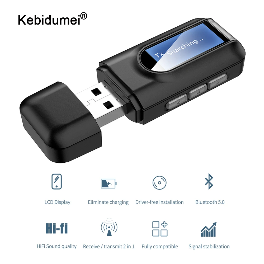 Bluetooth 5,0 USB Донгл Аудиоприемник Трансмитер с LCD дисплей за Телевизия за Автомобилен КОМПЮТЪР Мини Конектор 3.5 мм AUX USB, Безжичен Адаптер