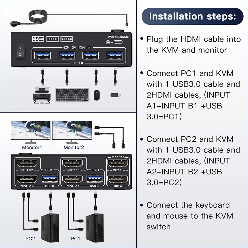 HDMI-съвместим / USB3.0 KVM switch Gaming превключвател 4K @ 60Hz Интернет-сплитер Адаптер за разширяване на екрана, USB сплитер Превключвател за разширяване на екрана