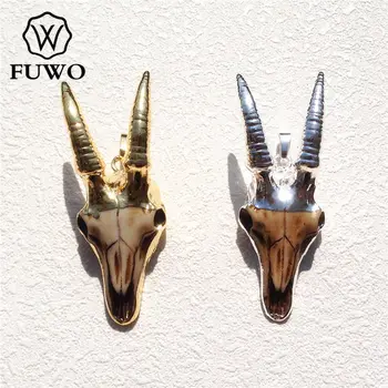FUWO Издълбани Козе Дълъг Рог От Смола, Висулка във формата на Главата с Покритие Покритие от Злато 24 К, Етнически Стил, Племенни Бижута на Едро PD097