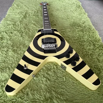 Безплатна доставка в присъствието на, V-образен черно-жълта електрическа китара, система за вибрато, китари, бяла техника, китара Ra