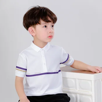 Бяла тениска с ревера за момчета, блузи с къс ръкав, лятна памучен детска риза с къси ръкави, дрехи за момчета, блузи и ризи