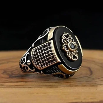Винтажное мъжки пръстен ръчно изработени камък ахат, сребърен печат, пръстен с естествен цирконием, прекрасни бижута за жени, подарък за коледа