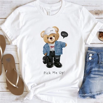 Забавно сладко годишна женска тениска с къс ръкав, дамски тениска с изображение хубава мечка, на женската риза, нова бяла тениска