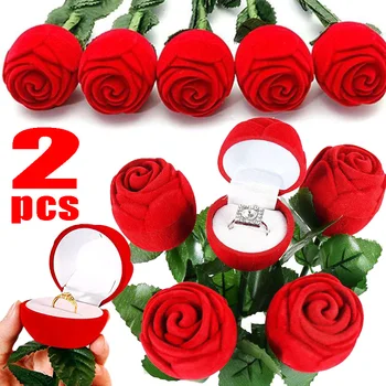 Кадифе ковчег с червена роза, държач за обеци и пръстени, подарък калъф, кутия за съхранение на бижута за младоженци, дамски кутия с рози