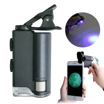 Микроскоп за мобилен телефон с UV-подсветка, идентификация нефрит, 100X 60X увеличително стъкло, с джоб за захващане за мобилен телефон