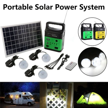 Мини слънчев генератор за нощуване на открито с мощност 10 W, соларен панел, зареждане, комплект за led система за осветление, дистанционно управление, радио FM