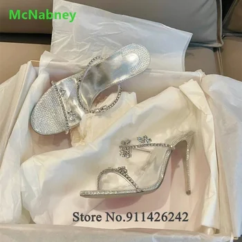 Модни дамски чехли със сребърни кристали и пайети, женствена секси елегантна рокля без обков с кръгло бомбе, лятна открита обувки