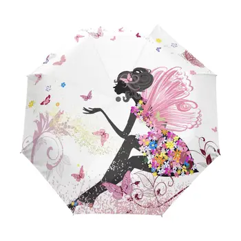 Мультяшная пеперуда фея с цветен модел, пътен сгъваем чадър, шезлонг от слънцето, автоматичен женски чадър от дъжд, параплюи