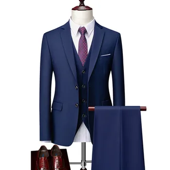 Мъжки бизнес комплекти от 3 теми за младоженеца, сватбена банкет, обикновена висококачествени маркови блейзери голям размер за поръчка, яке, палто