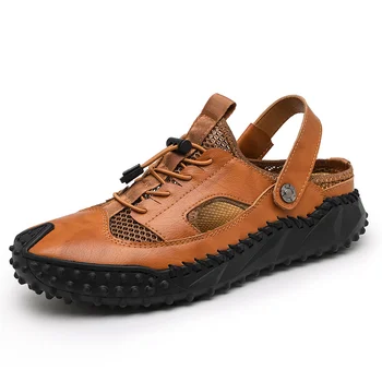 Мъжки сандали, дишащи кожени леки мъжки ежедневни обувки, изработени ръчно, нескользящие летни улични модерни чехли за улицата