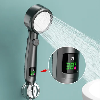 Накрайник за душ, дръжка с високо налягане, спестяване на водата в банята, 4 режима на контролирани пръскане, интелигентен дисплей на температурата, светодиоден цифров