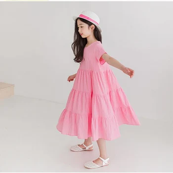 Новост 2023 г., лятно памучно рокля за момичетата със средна дължина, детски ежедневни дрехи с къс ръкав, детски свободни рокли, розово, зелено, оранжево