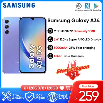 Оригинален Samsung Galaxy A34 5G Android 13 MTK Dimensity 1080 6,6 
