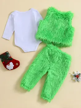 Първата Коледа на бебето, очарователна зелена кожа жилетка, дълги панталони и коледен костюм от 3 теми за момчета