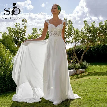 Сватбена рокля SoDigne 2022 в стил бохо, дантелено плажна сватбена рокля с V-образно деколте и аппликацией, секси рокля на булката с отворен гръб, по-големи размери