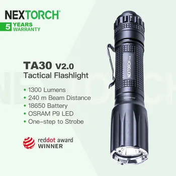 Тактически фенер Nextorch TA30 V2.0 с Одноступенчатой акумулаторна стробоскопической подсветка, 1300 Лумена с батерия 18650 за Самозащита, разходки, EDC